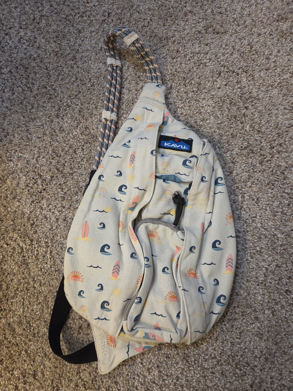 KAVU Canvas Sling Bag in Cream with Beach Print